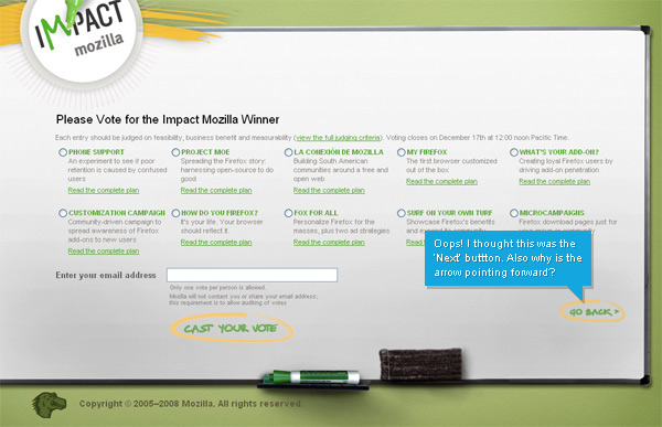 Image of the Mozilla Impact voting page showing the wrong placement of the 'go back' button
